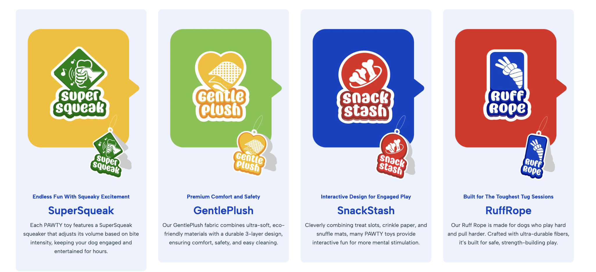 PAWTY USPs — SuperSqueak, GentlePlush, SnackStash, RuffRope